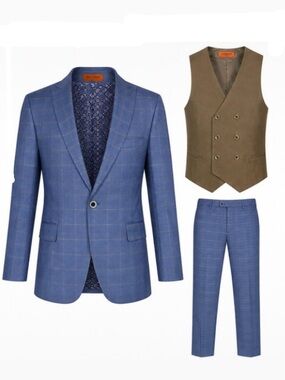 STATEMENT Blue Windowpane Suit with Olive Vest and Matching Trousers